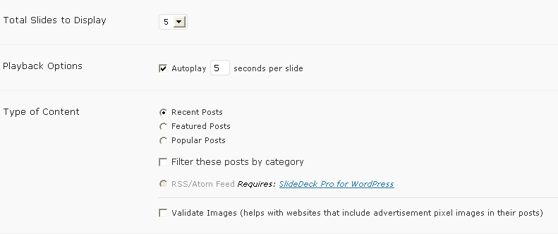 Screenshot of settings for Slidedeck WordPress plugin