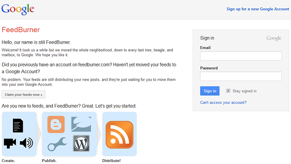The FeedBurner Sign Up Screen