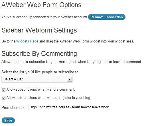 AWeber Plugin Options