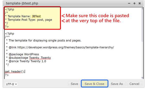 Pasting the template code into the PHP file.