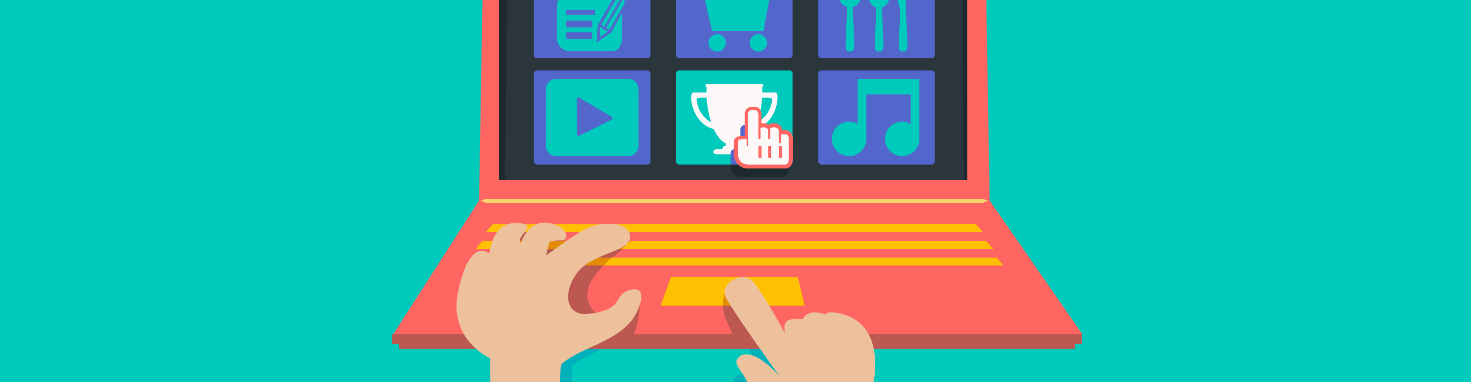 Illustrator of a laptop with icons of different content elements on the screen