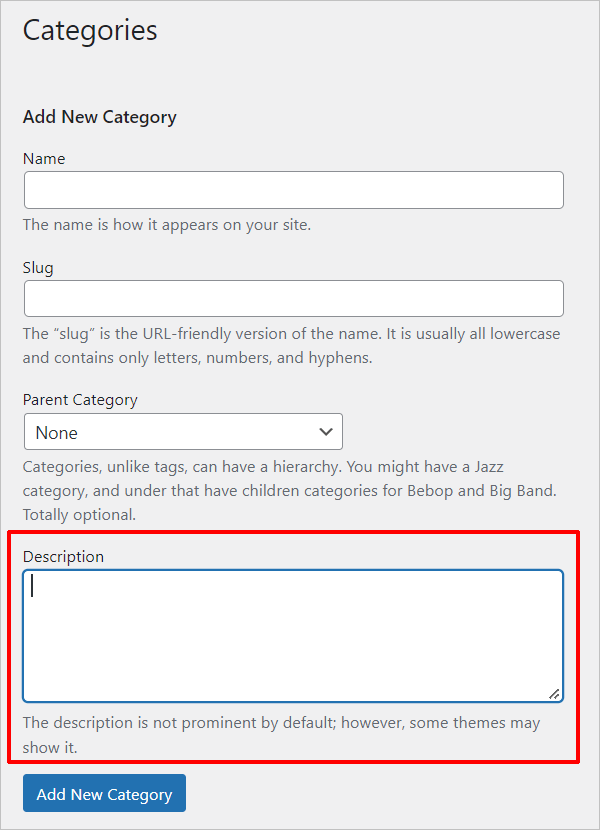 Post Category Description field.