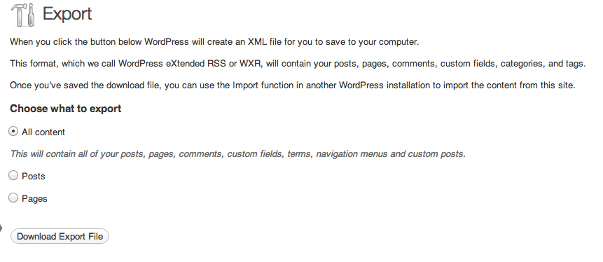 WordPress Export Settings