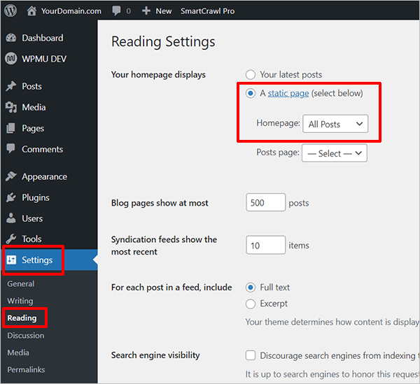 WordPress Settings: Reading - Static Page