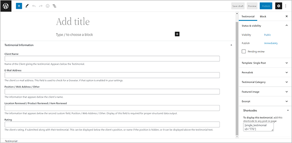 Add New Testimonial screen.