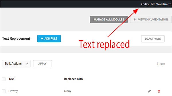 WordPress Howdy greeting text replaced