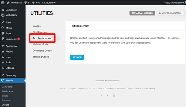 Branda Utilities menu