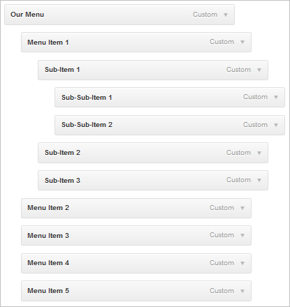 WordPress Theme Menus - Sample menu setup WordPress Theme Menus - Screenshot of WordPress menu editor