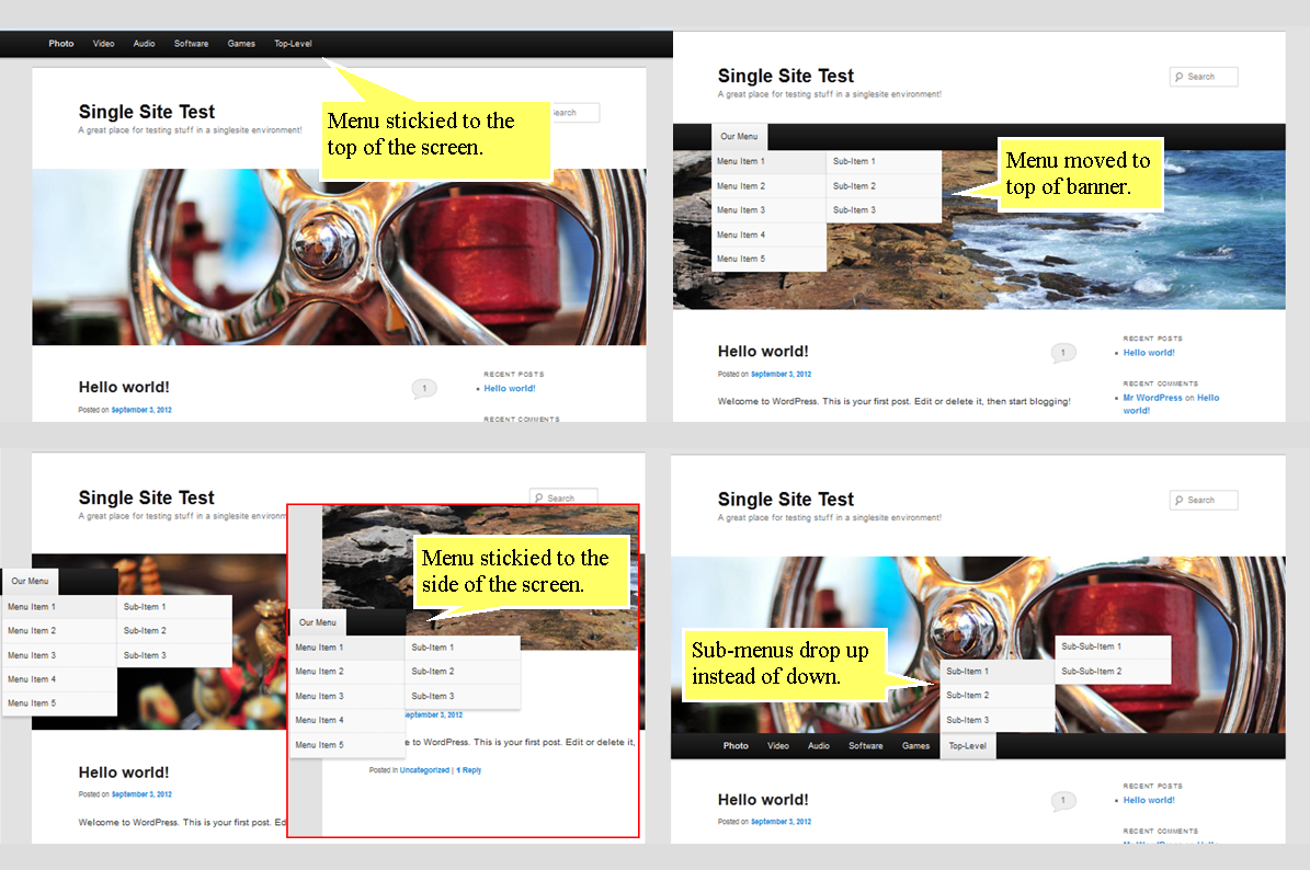 WordPress Theme Menus - Menu examples WordPress Theme Menus - Screenshot of re-positioned custom menus