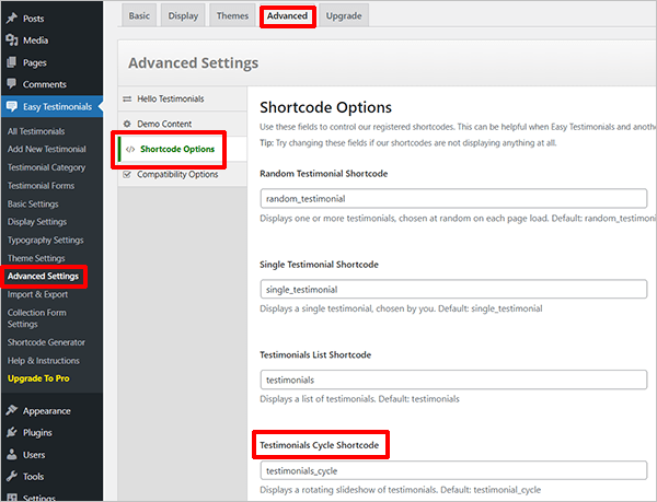 Easy Testimonials Advanced Settings - Shortcode Options