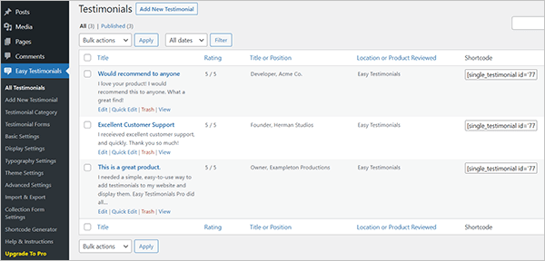 Easy Testimonials screen and menu.