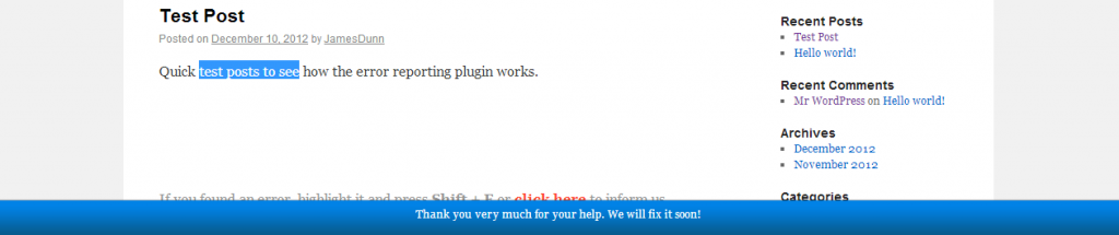 WordPress Error Reporting Plugin - Error Reported Thank You Message