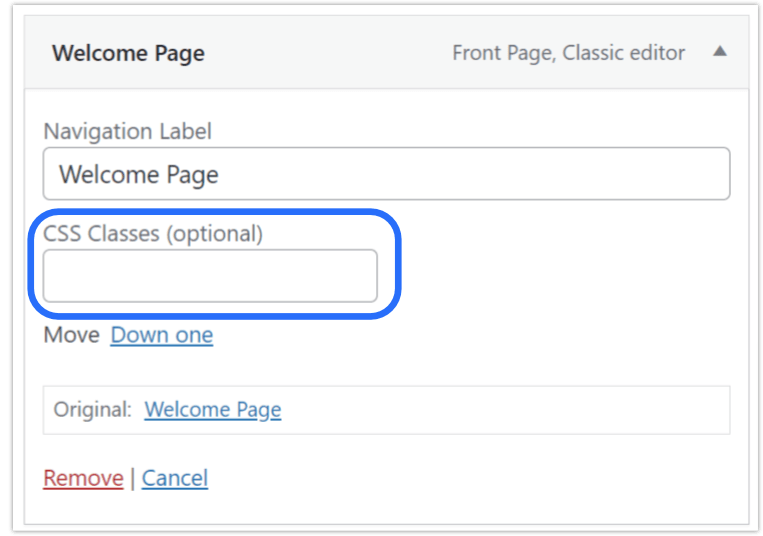 page menu css class added