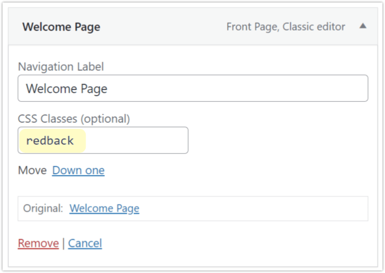 page menu css class entered