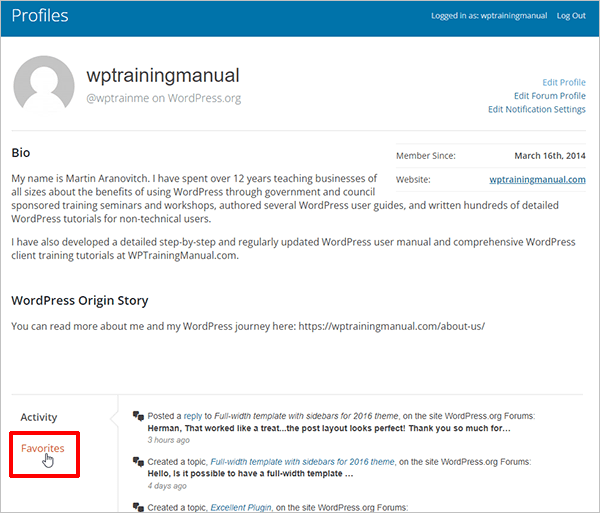 WordPress.org account profile area.