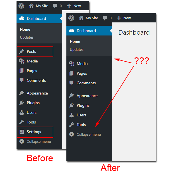 Before and after removing posts and settings menu.
