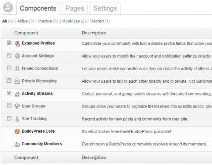 components BuddyPress component screen