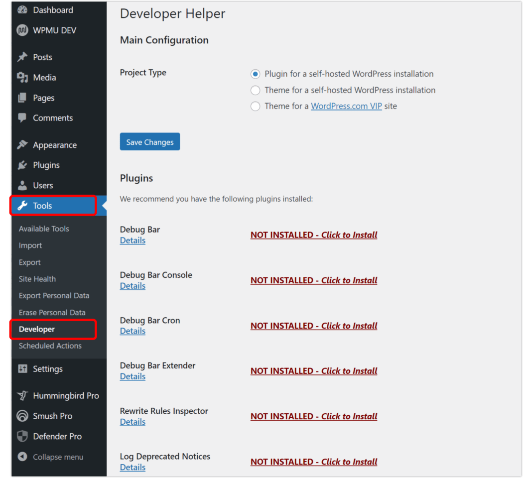 Developer tools screen.