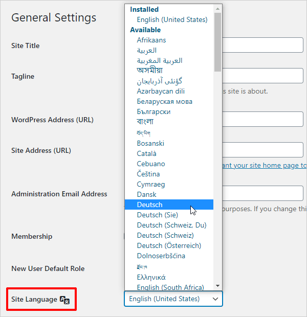 WordPress General Settings - Site Language