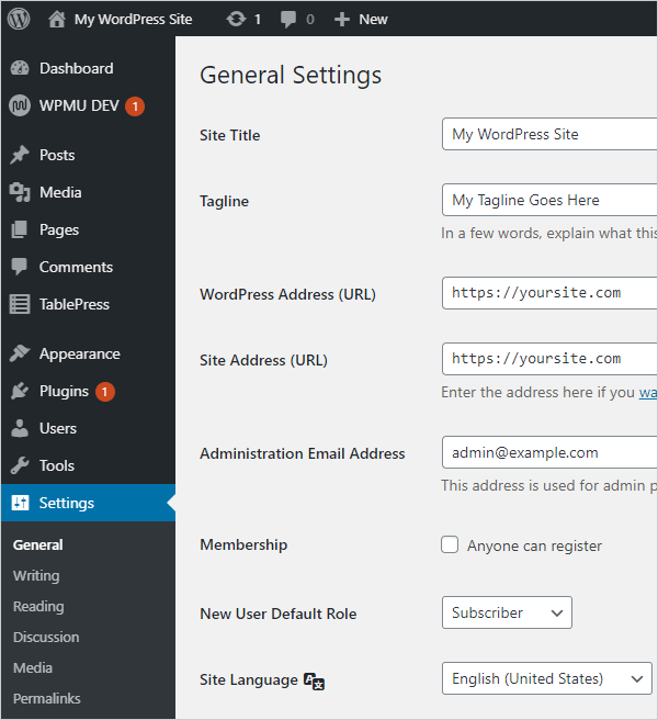 WordPress General Settings screen.