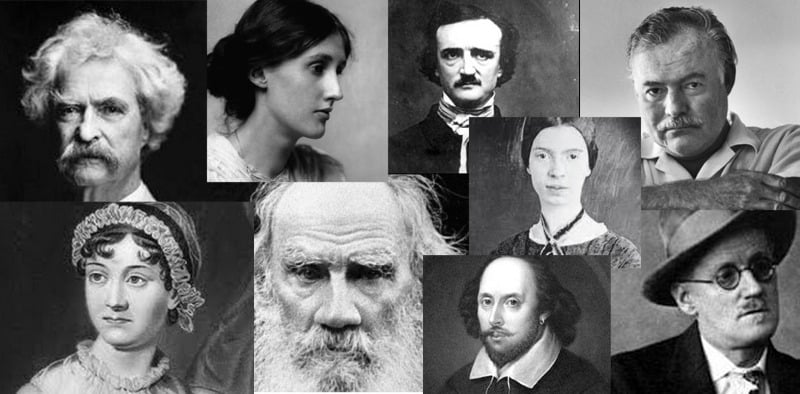 (Top – L to R) Mark Twain, Virginia Woolf, Edgar Allan Poe, Ernest Hemingway(Bottom – L to R) Jane Austen, Leo Tolstoy, William Shakespeare (bottom), Emily Dickinson (top), James Joyce (Top – L to R) Mark Twain, Virginia Woolf, Edgar Allan Poe, Ernest Hemingway (Bottom – L to R) Jane Austen, Leo Tolstoy, William Shakespeare (bottom), Emily Dickinson (top), James Joyce