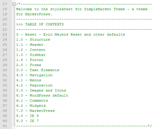 WordPress theme - table of contents from SimpleMarket stylesheet