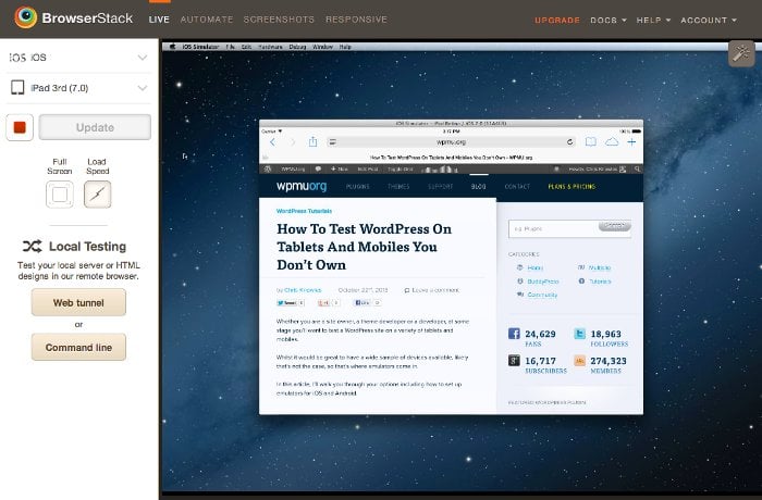 Screen shot of BrowserStack in action