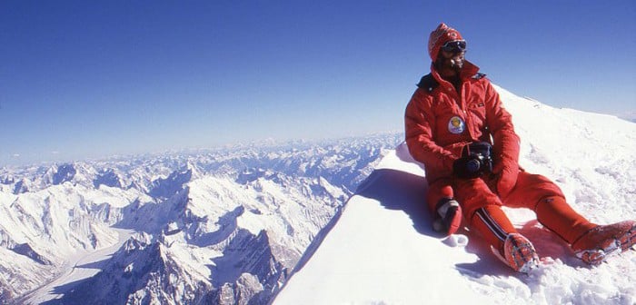 Mountain climber at the summit of K2