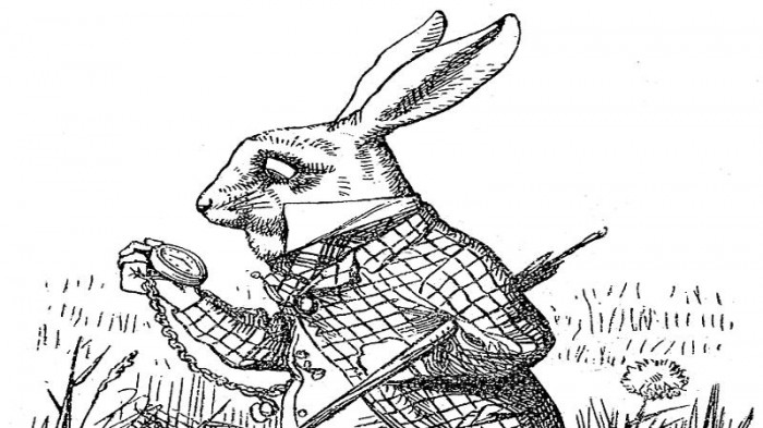 Illustration of the white rabbit from an ealrly copy of Alice In Wonderland