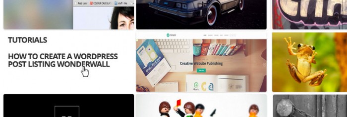 Screen grab showing a grid of featured images with one flipped showing title