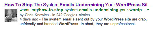 Screen grab of a Google search result with my profile photo