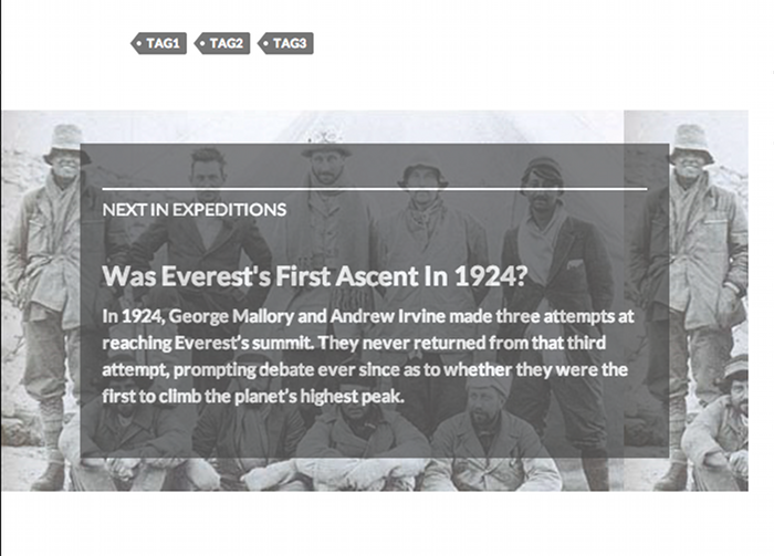 Screenshot of supercharfed post navigation with background image and excerpt.