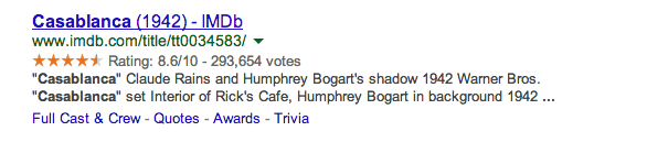 Screenshot of the IMDB entry in a Google search results page for the search term Casblanca