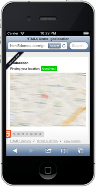 Screenshot of iPhone running geolocation demo