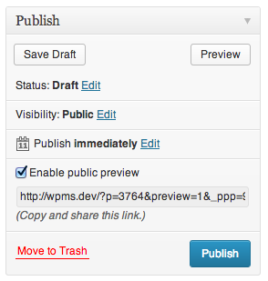 screenshot of the Publish metabox with the new Enable public preview function