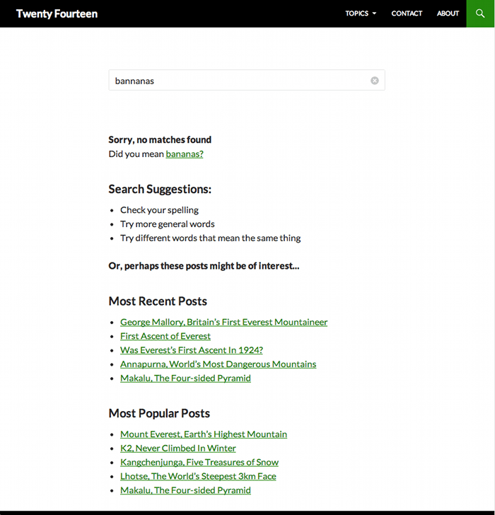 Screenshot of improved no results search page with suggestions and helpful tips