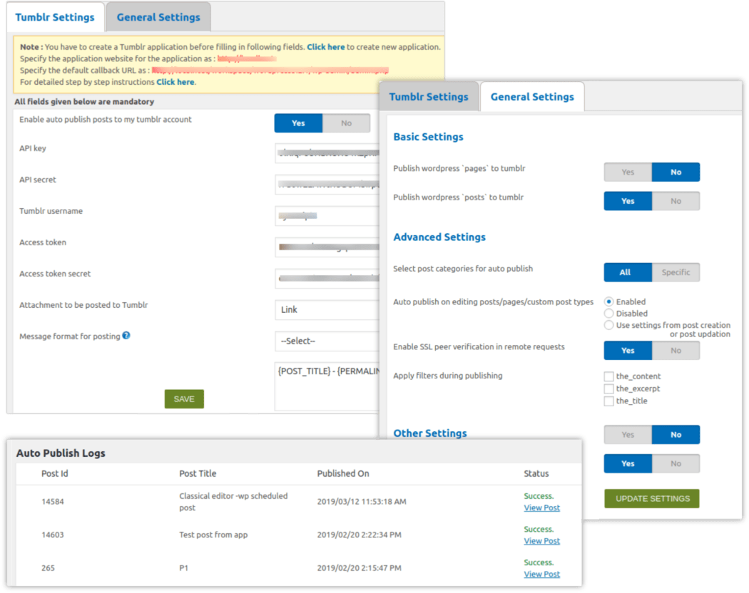 WP Tumblr Auto Publish screenshots.