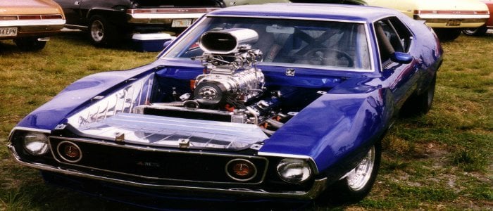 Photo of AMC Javelin customized blue hardtop with supercharged AMC V8.