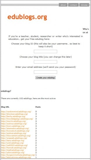 A screenshot of the first Edublogs home page.