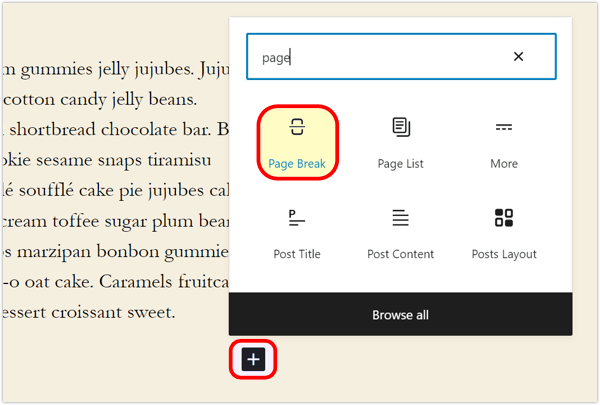 Page divider block in Gutenberg editor.