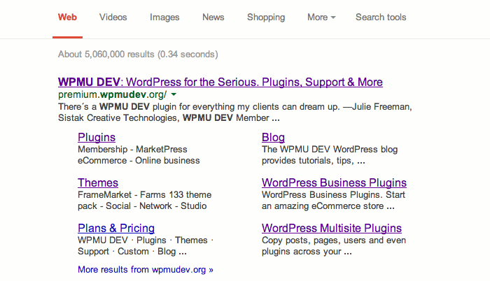 Results page for a search on Google for WPMU DEV