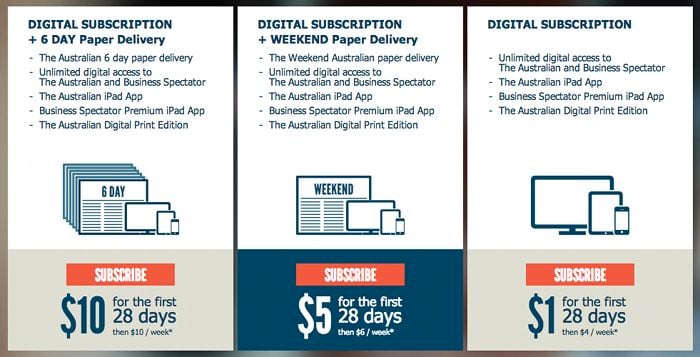 Screenshot of the Australian's subscription plans