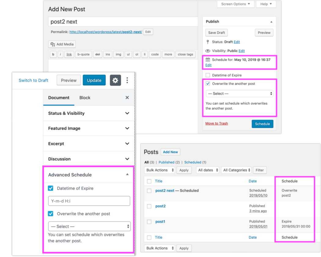 Advanced Schedule Posts screenshots.