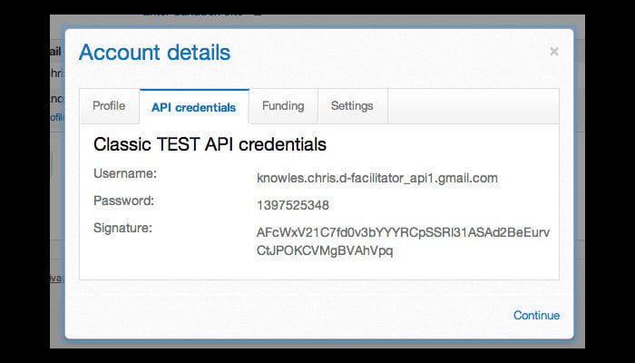 Screenshot of the API credentials