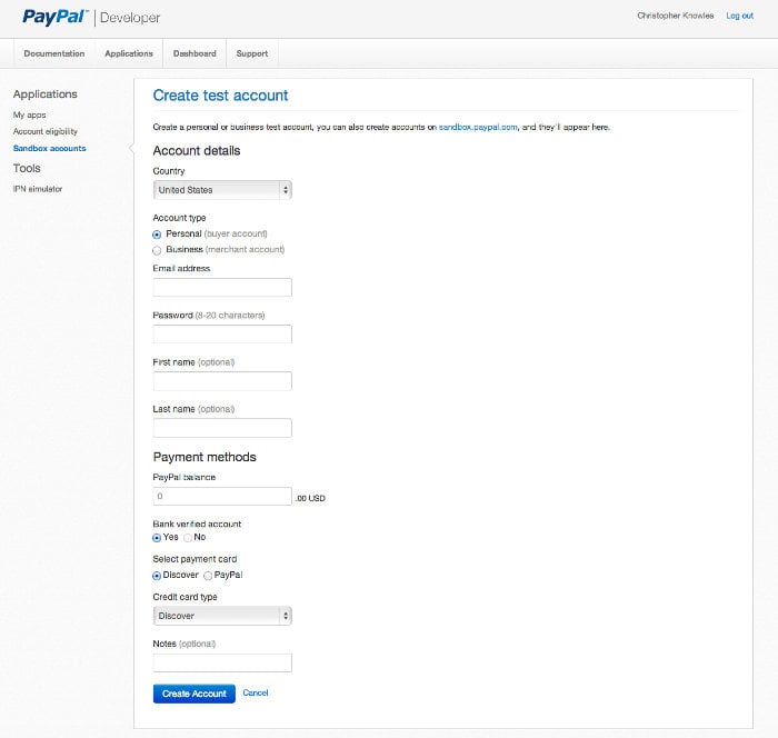 Screenshot of the create new account form