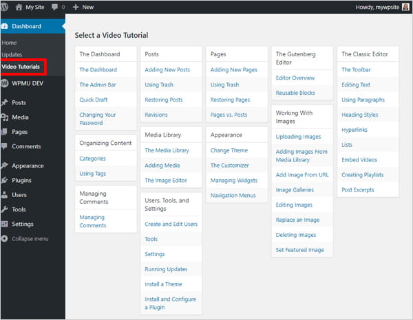 Main video tutorials screen