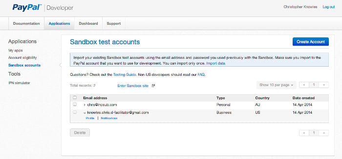 Screenshot of the Sandbox accounts screen in the the PayPal Developer Portal