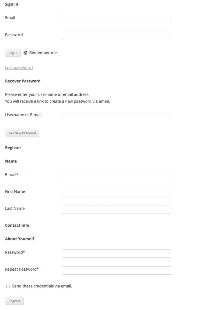 Screenshot of WordPress page with sign-in, register and recover password forms shown.