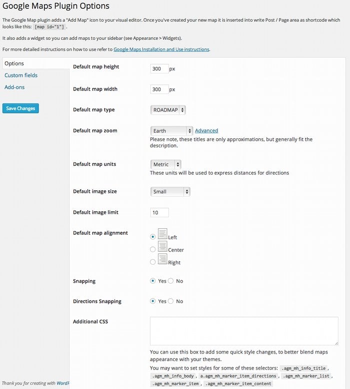 Screenshot of the Google Maps plugin settings page