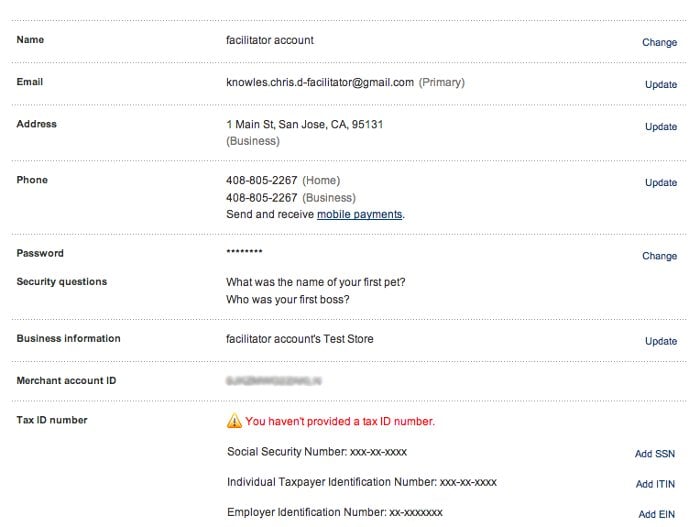Screenshot of the test account data